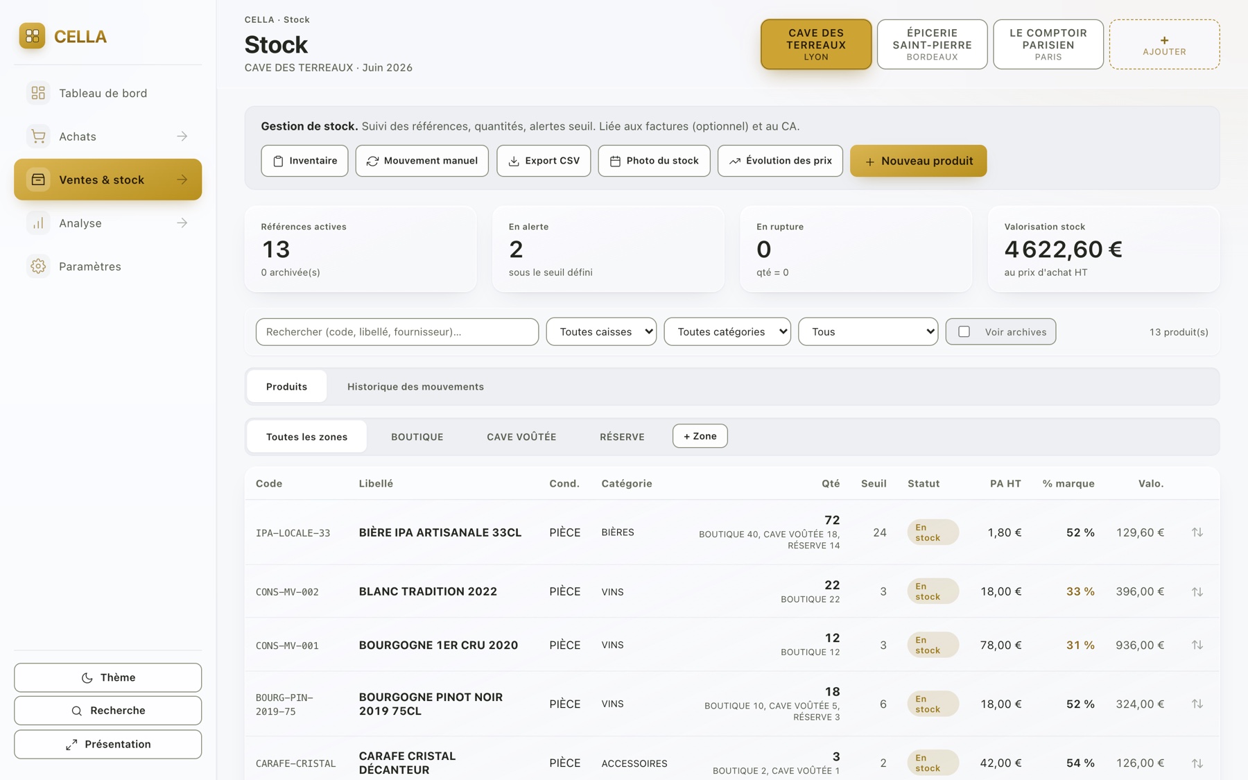Suivi du stock, seuils et alertes dans CELLA