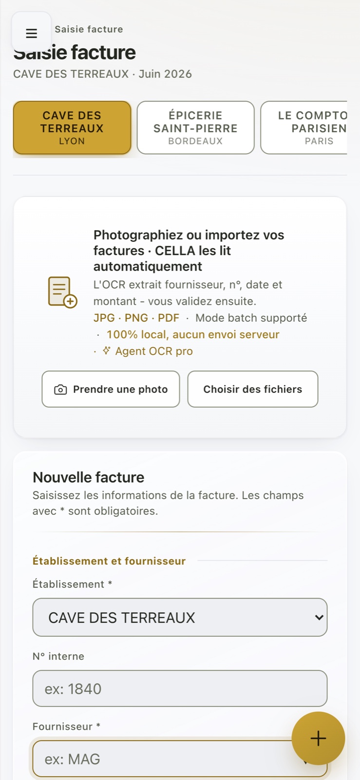 CELLA sur téléphone : saisie de facture et photo OCR à la réception