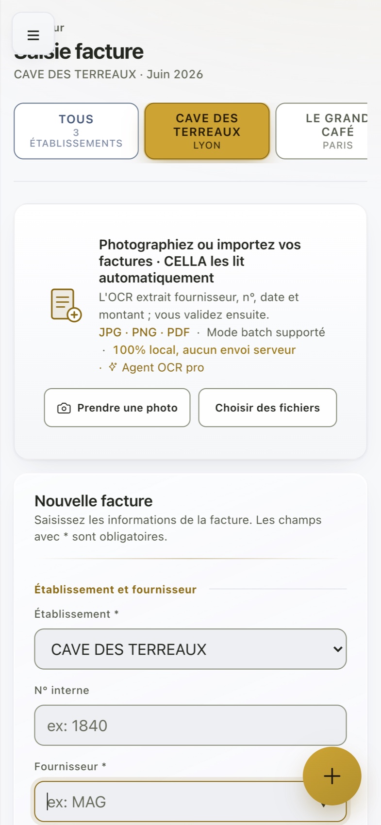CELLA sur téléphone : saisie de facture et photo OCR à la réception
