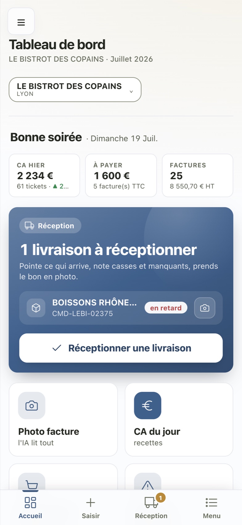 CELLA sur téléphone : accueil terrain · chiffres clés du jour, livraisons à réceptionner, gestes de saisie et barre d'onglets